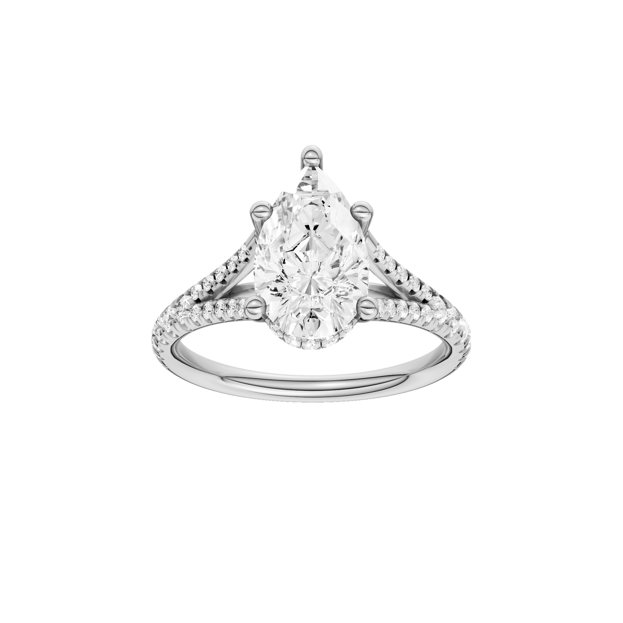 A front view of the Pear cut diamond engagement ring in platinum with a prong band and cathedral setting