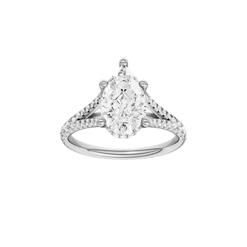 A front view of the Pear cut diamond engagement ring in 14k white gold with a prong band and cathedral setting