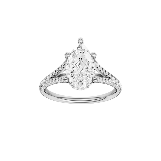 A front view of the Pear cut diamond engagement ring in 14k white gold with a prong band and cathedral setting