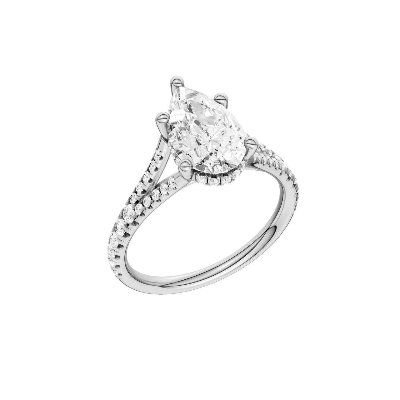 A three-quarter view of the Pear cut diamond engagement ring in platinum with a prong band and cathedral setting