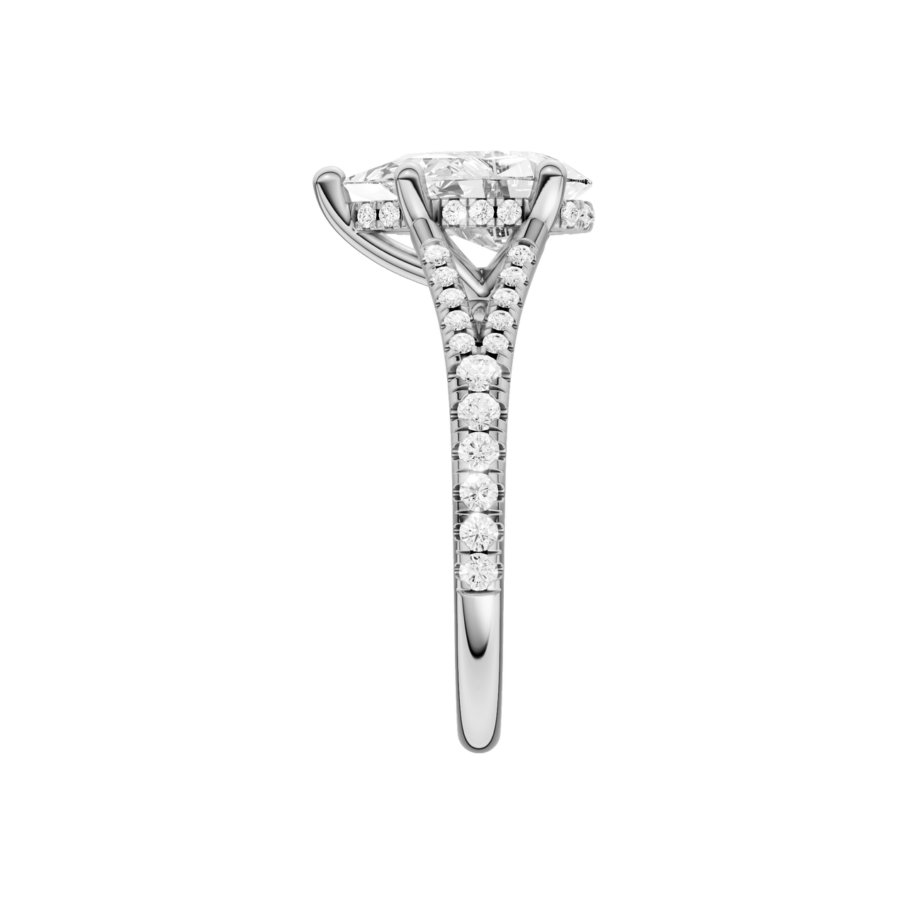 A side view of the Pear cut diamond engagement ring in 14k white gold with a prong band and cathedral setting