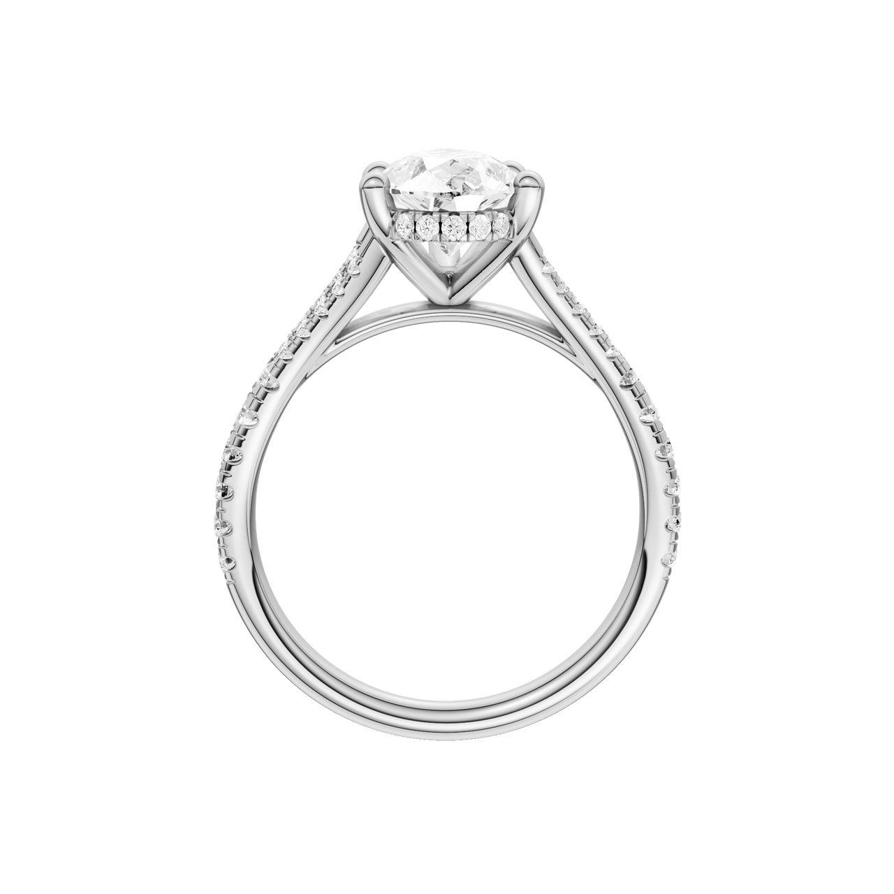 A profile view of the Pear cut diamond engagement ring in platinum with a prong band and cathedral setting