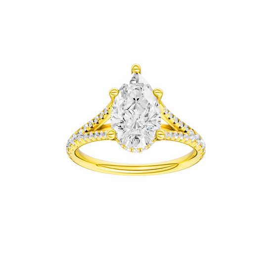 A front view of the Pear cut diamond engagement ring in 14k yellow gold with a prong band and cathedral setting