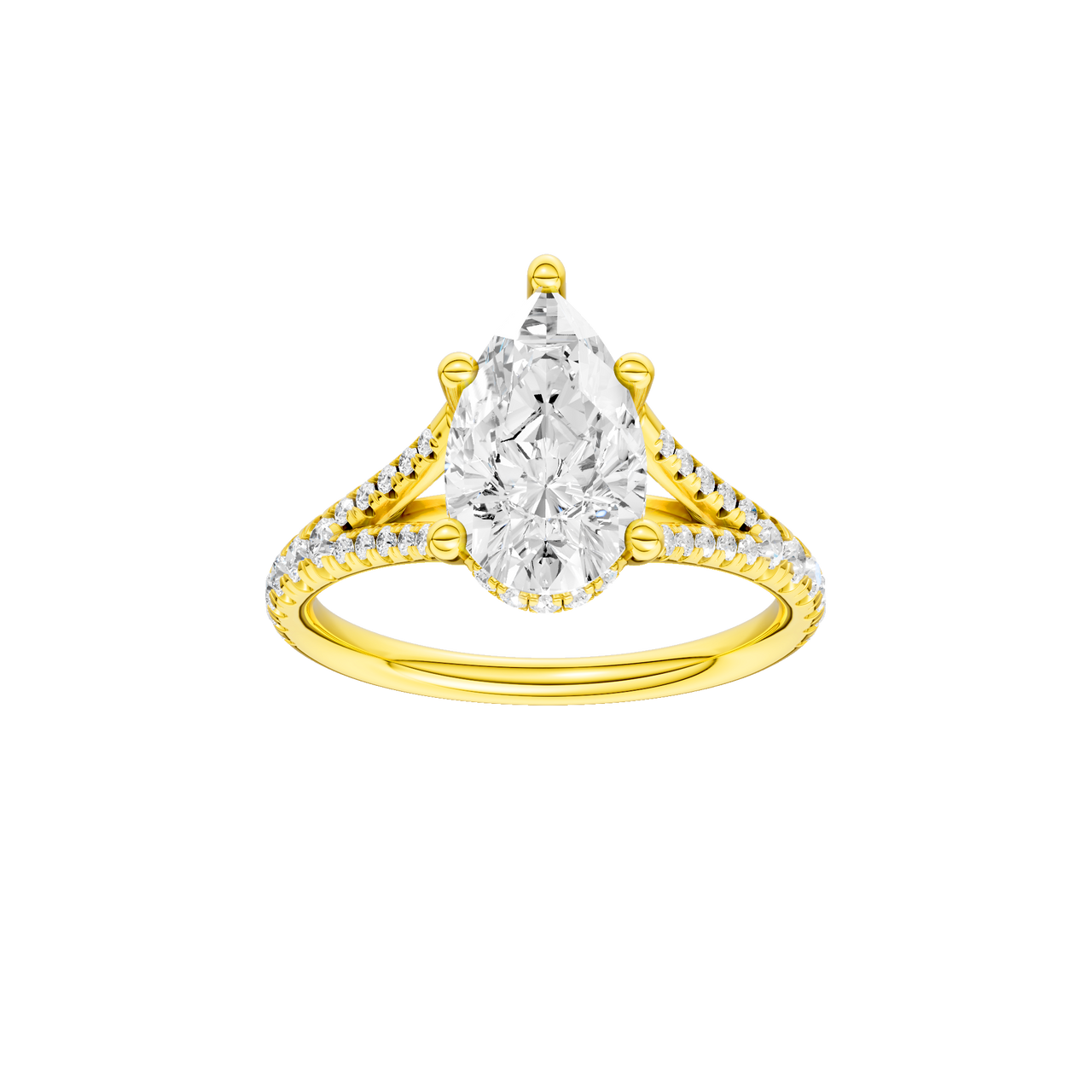 A front view of the Pear cut diamond engagement ring in 14k yellow gold with a prong band and cathedral setting