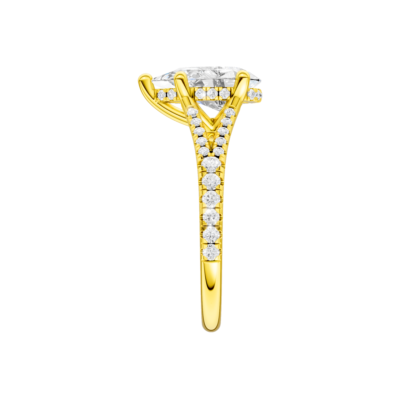 A side view of the Pear cut diamond engagement ring in 14k yellow gold with a prong band and cathedral setting