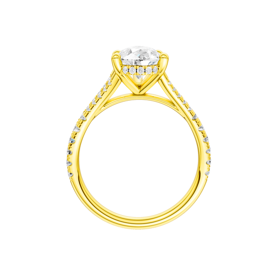 A profile view of the Pear cut diamond engagement ring in 14k yellow gold with a prong band and cathedral setting