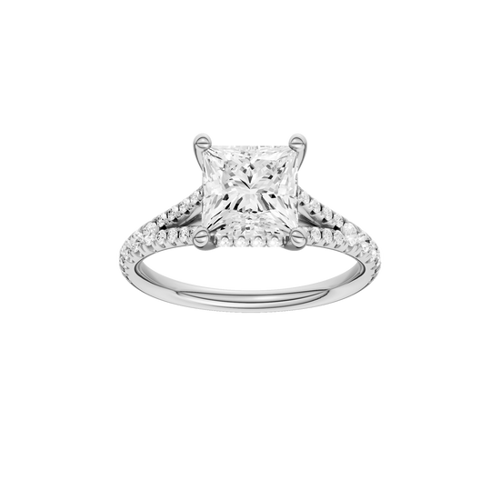 A front view of the Princess cut diamond engagement ring in platinum with a prong band and hidden halo setting