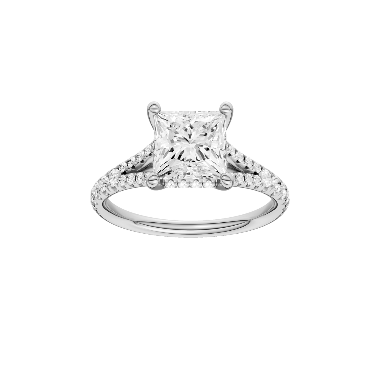 A front view of the Princess cut diamond engagement ring in platinum with a prong band and hidden halo setting