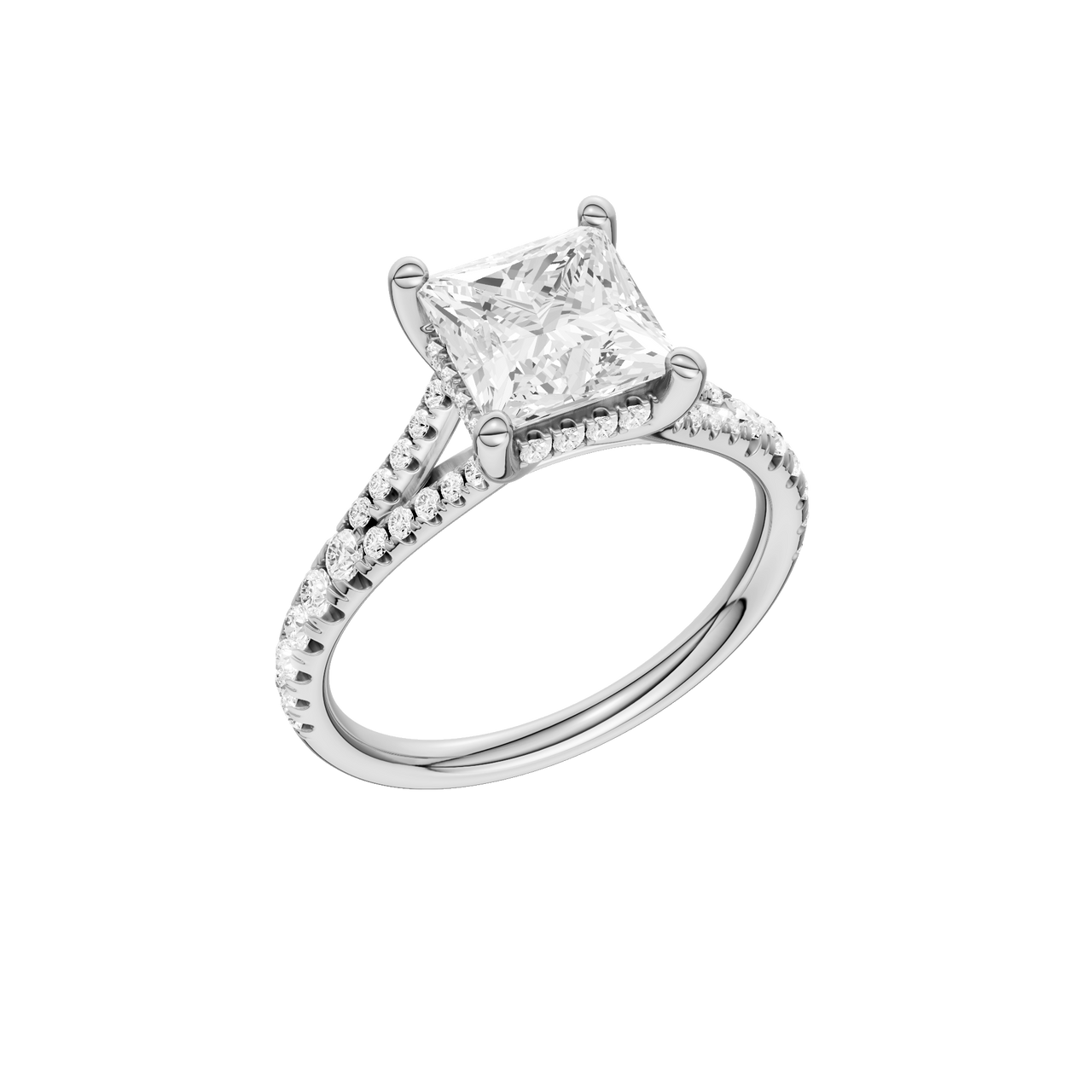 A three-quarter view of the Princess cut diamond engagement ring in 14k white gold with a prong band and hidden halo setting