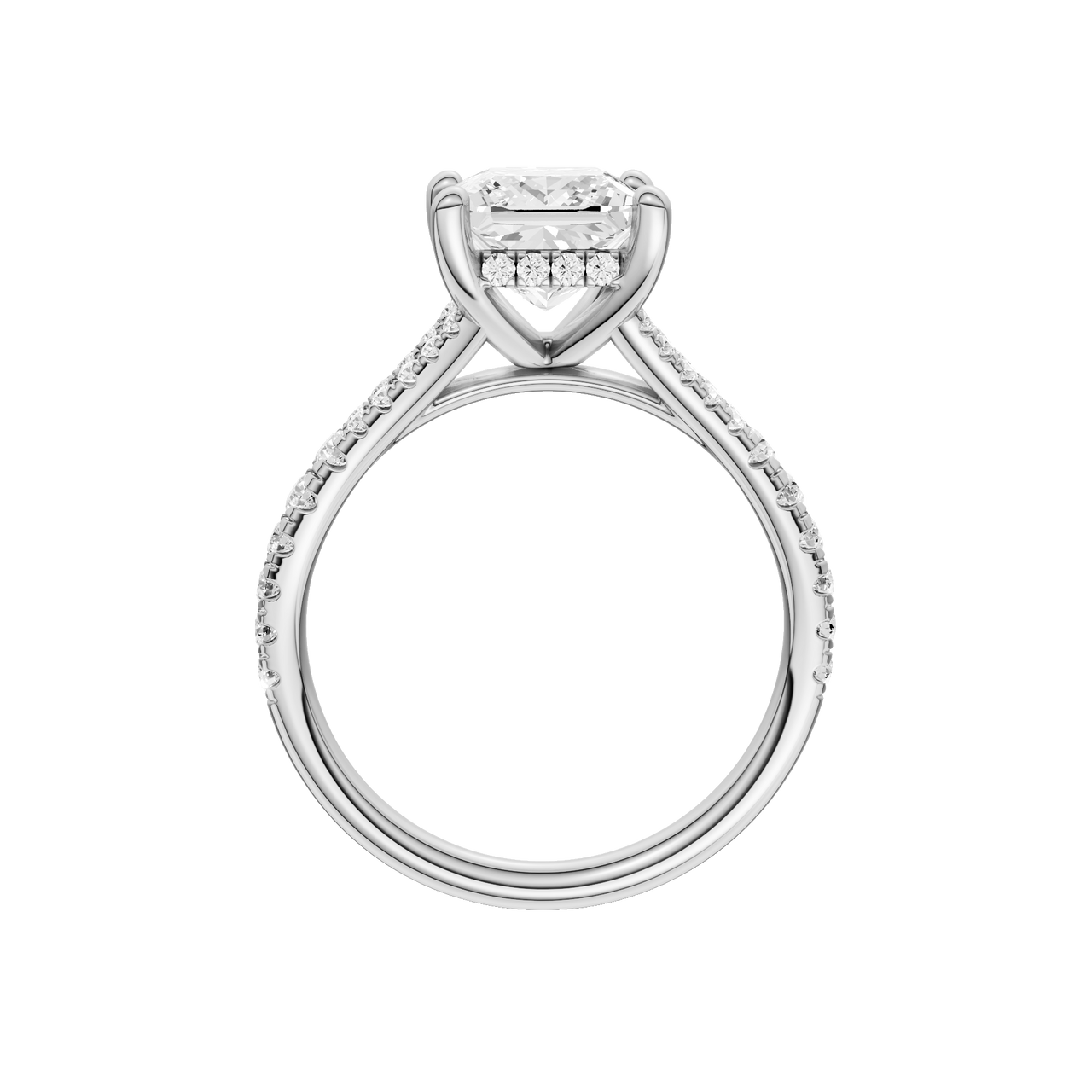 A profile view of the Princess cut diamond engagement ring in 14k white gold with a prong band and hidden halo setting