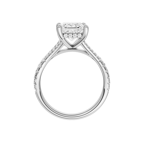 A profile view of the Princess cut diamond engagement ring in platinum with a prong band and hidden halo setting