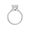 A profile view of the Princess cut diamond engagement ring in platinum with a prong band and hidden halo setting