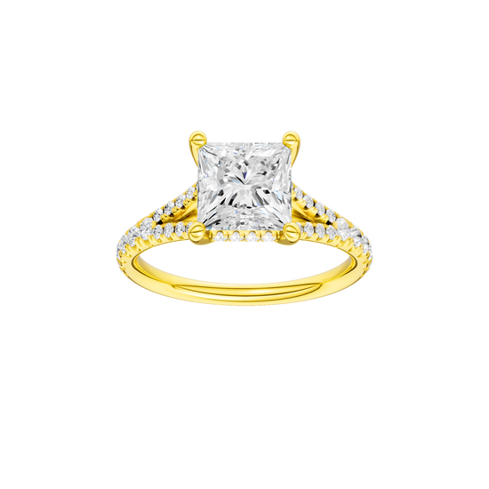A front view of the Princess cut diamond engagement ring in 14k yellow gold with a prong band and hidden halo setting