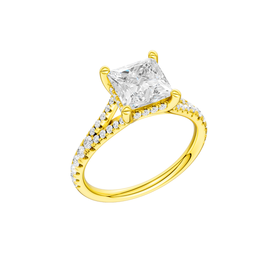 A three-quarter view of the Princess cut diamond engagement ring in 14k yellow gold with a prong band and hidden halo setting