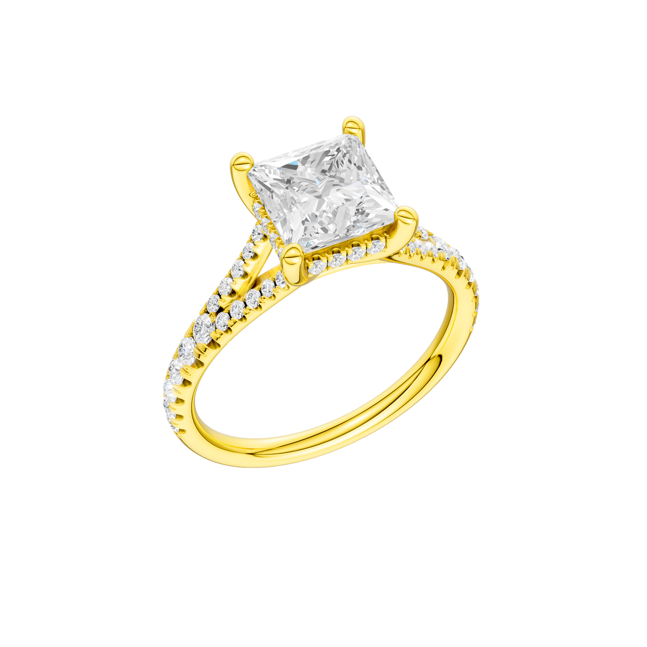 A three-quarter view of the Princess cut diamond engagement ring in 14k yellow gold with a prong band and hidden halo setting