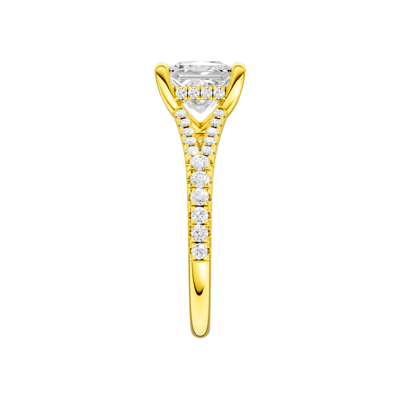A side view of the Princess cut diamond engagement ring in 14k yellow gold with a prong band and hidden halo setting