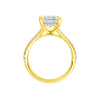 A profile view of the Princess cut diamond engagement ring in 14k yellow gold with a prong band and hidden halo setting