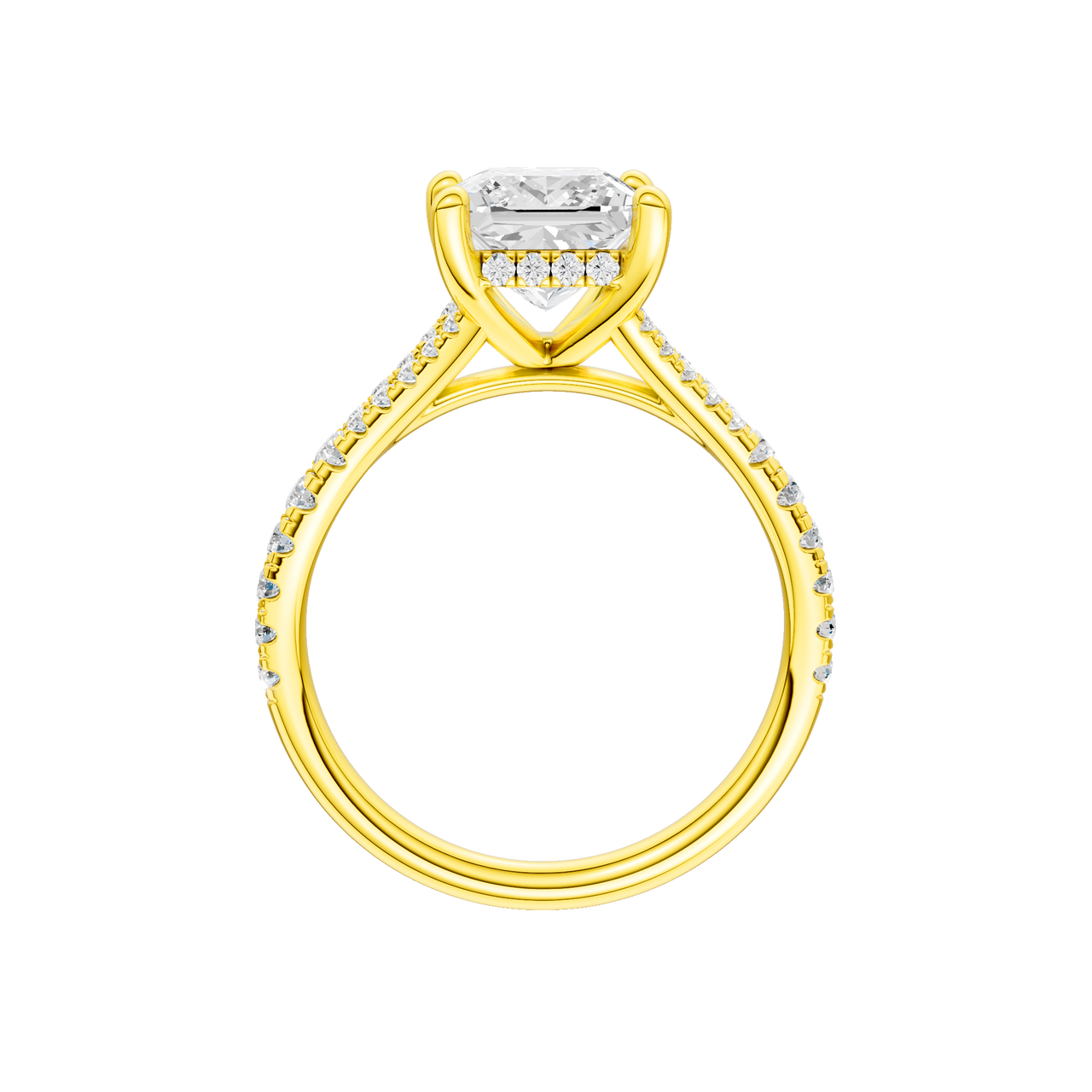 A profile view of the Princess cut diamond engagement ring in 14k yellow gold with a prong band and hidden halo setting