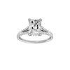 A front view of the Radiant cut diamond engagement ring in 14k white gold with a prong band and hidden halo setting