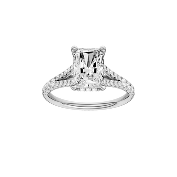 A front view of the Radiant cut diamond engagement ring in 14k white gold with a prong band and hidden halo setting
