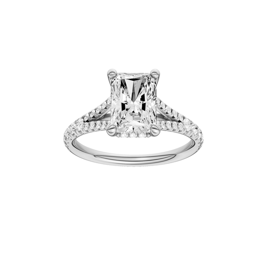 A front view of the Radiant cut diamond engagement ring in platinum with a prong band and hidden halo setting