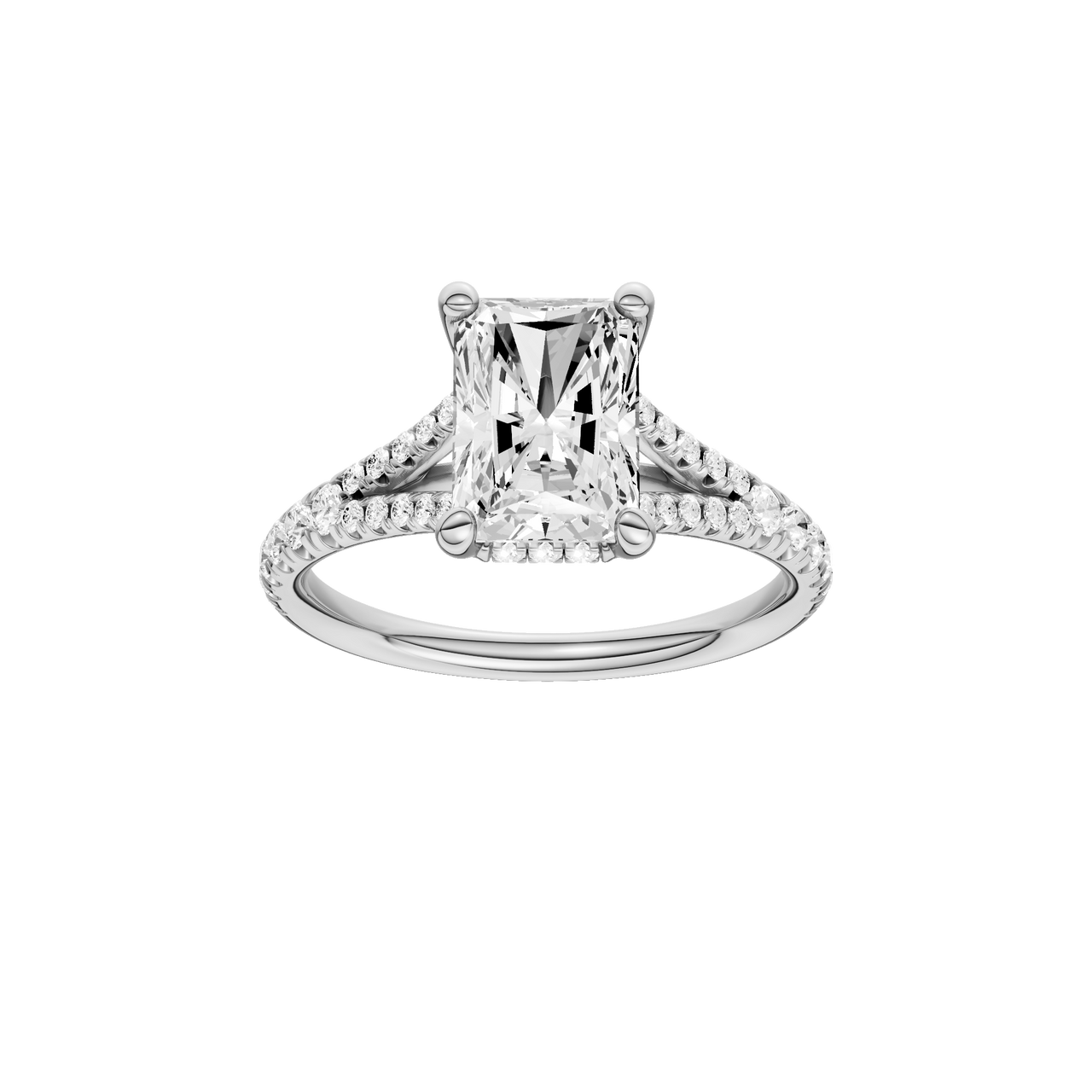 A front view of the Radiant cut diamond engagement ring in platinum with a prong band and hidden halo setting