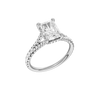 A three-quarter view of the Radiant cut diamond engagement ring in 14k white gold with a prong band and hidden halo setting