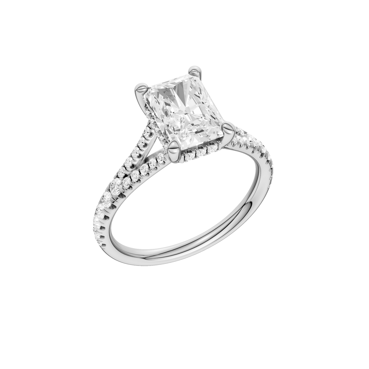 A three-quarter view of the Radiant cut diamond engagement ring in 14k white gold with a prong band and hidden halo setting