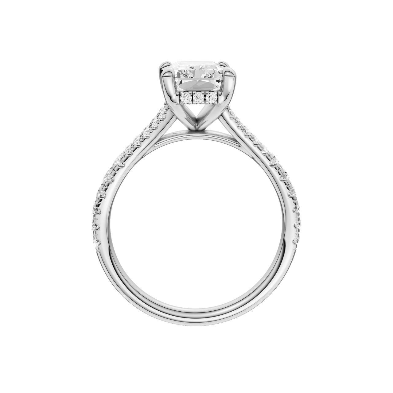 A profile view of the Radiant cut diamond engagement ring in platinum with a prong band and hidden halo setting