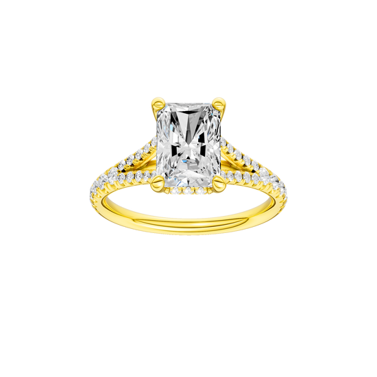 A front view of the Radiant cut diamond engagement ring in 14k yellow gold with a prong band and hidden halo setting