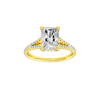 A front view of the Radiant cut diamond engagement ring in 14k yellow gold with a prong band and hidden halo setting