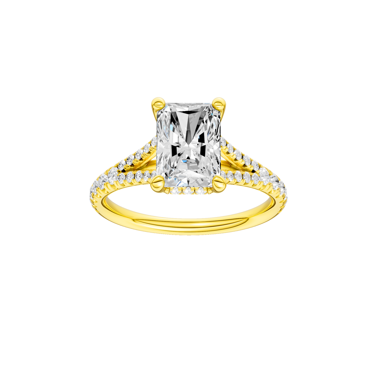 A front view of the Radiant cut diamond engagement ring in 14k yellow gold with a prong band and hidden halo setting