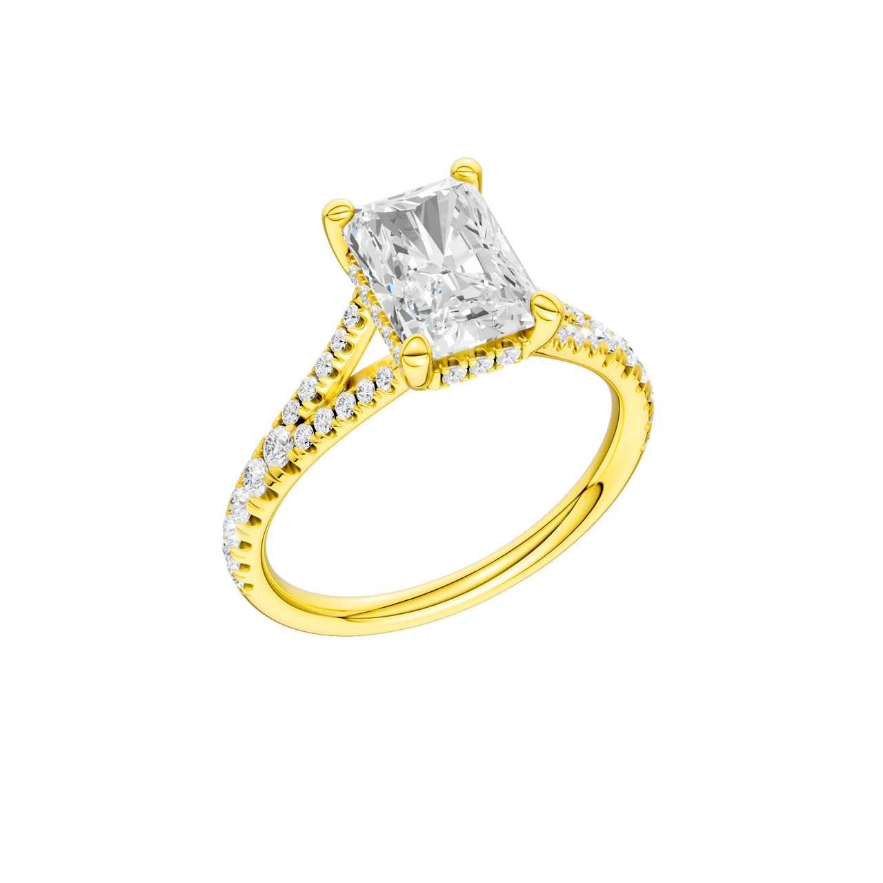 A three-quarter view of the Radiant cut diamond engagement ring in 14k yellow gold with a prong band and hidden halo setting