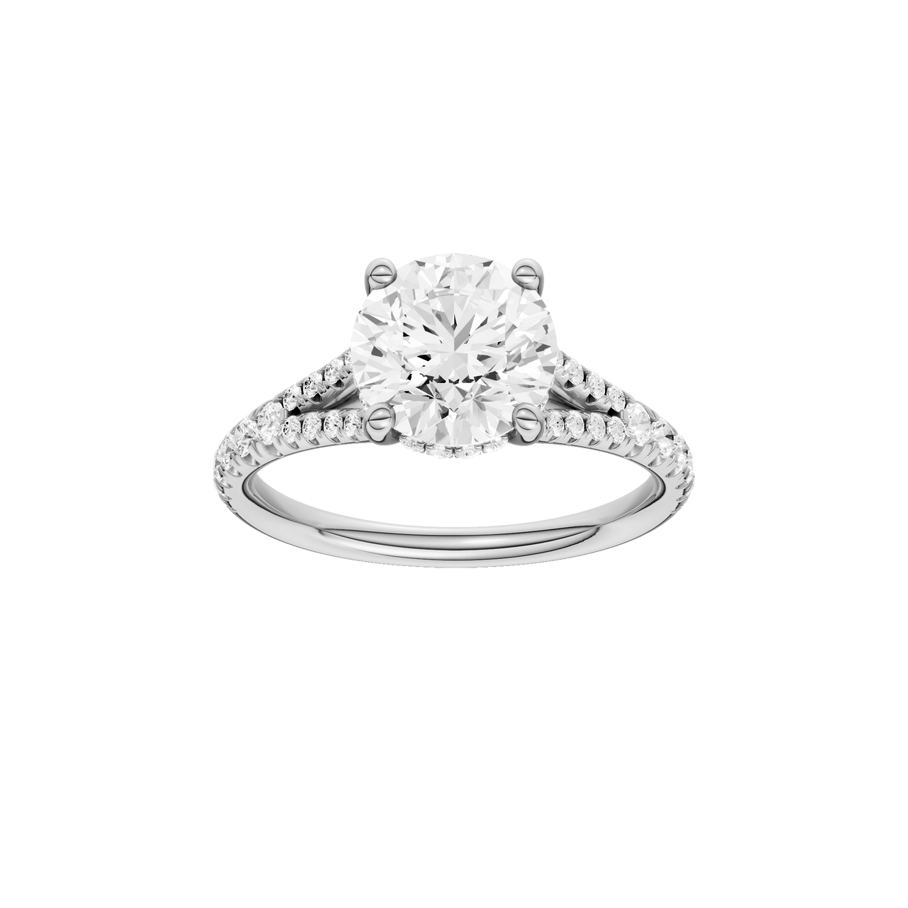 A front view of the Round cut diamond engagement ring in 14k white gold with a prong band and hidden halo setting