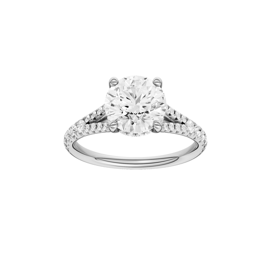 A front view of the Round cut diamond engagement ring in 14k white gold with a prong band and hidden halo setting