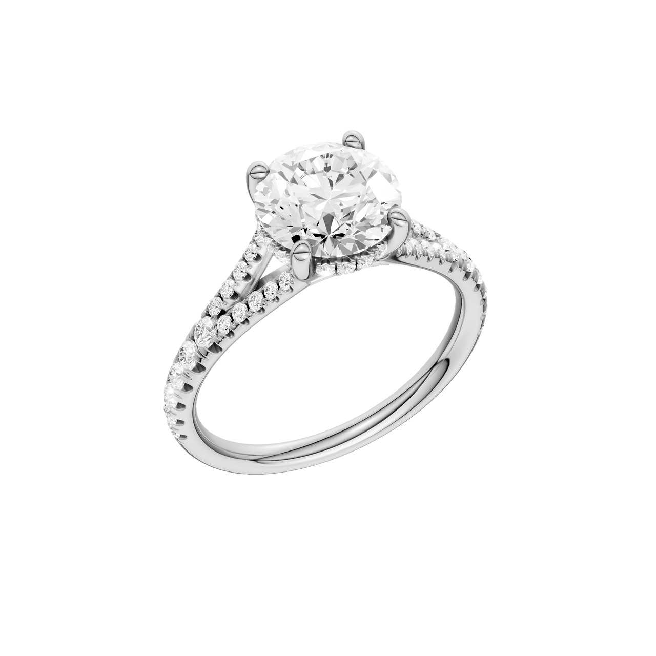 A three-quarter view of the Round cut diamond engagement ring in 14k white gold with a prong band and hidden halo setting