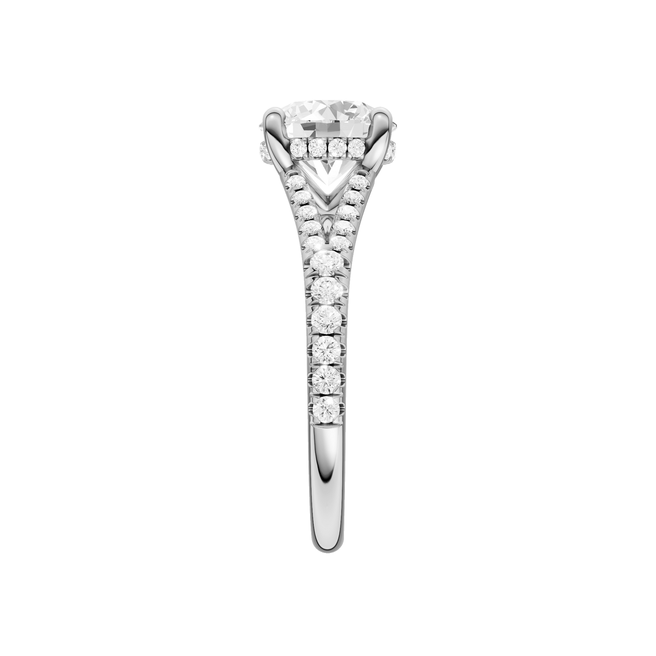 A side view of the Round cut diamond engagement ring in platinum with a prong band and hidden halo setting