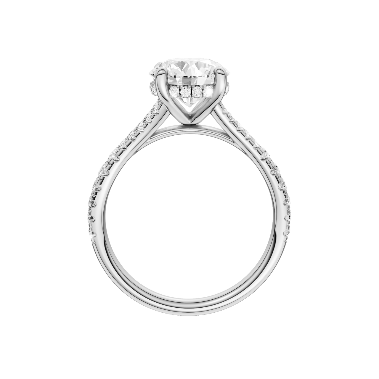 A profile view of the Round cut diamond engagement ring in 14k white gold with a prong band and hidden halo setting