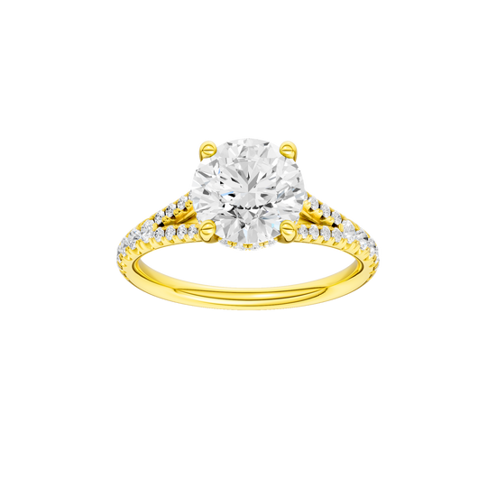A front view of the Round cut diamond engagement ring in 14k yellow gold with a prong band and hidden halo setting
