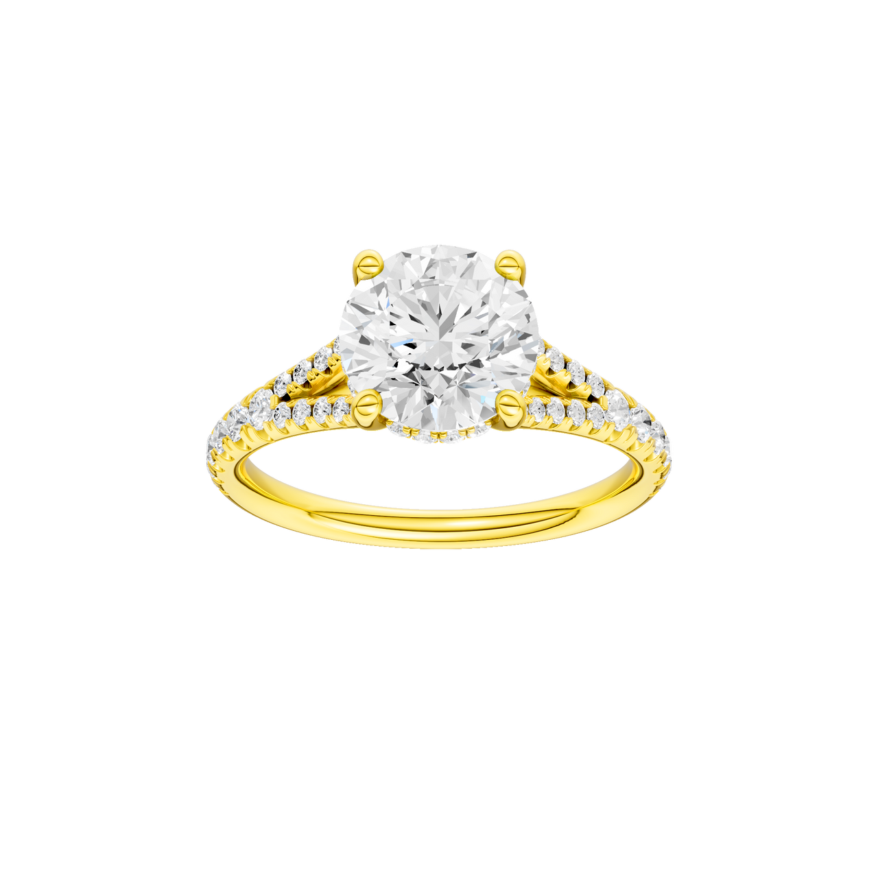 A front view of the Round cut diamond engagement ring in 14k yellow gold with a prong band and hidden halo setting