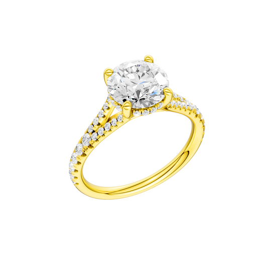 A three-quarter view of the Round cut diamond engagement ring in 14k yellow gold with a prong band and hidden halo setting