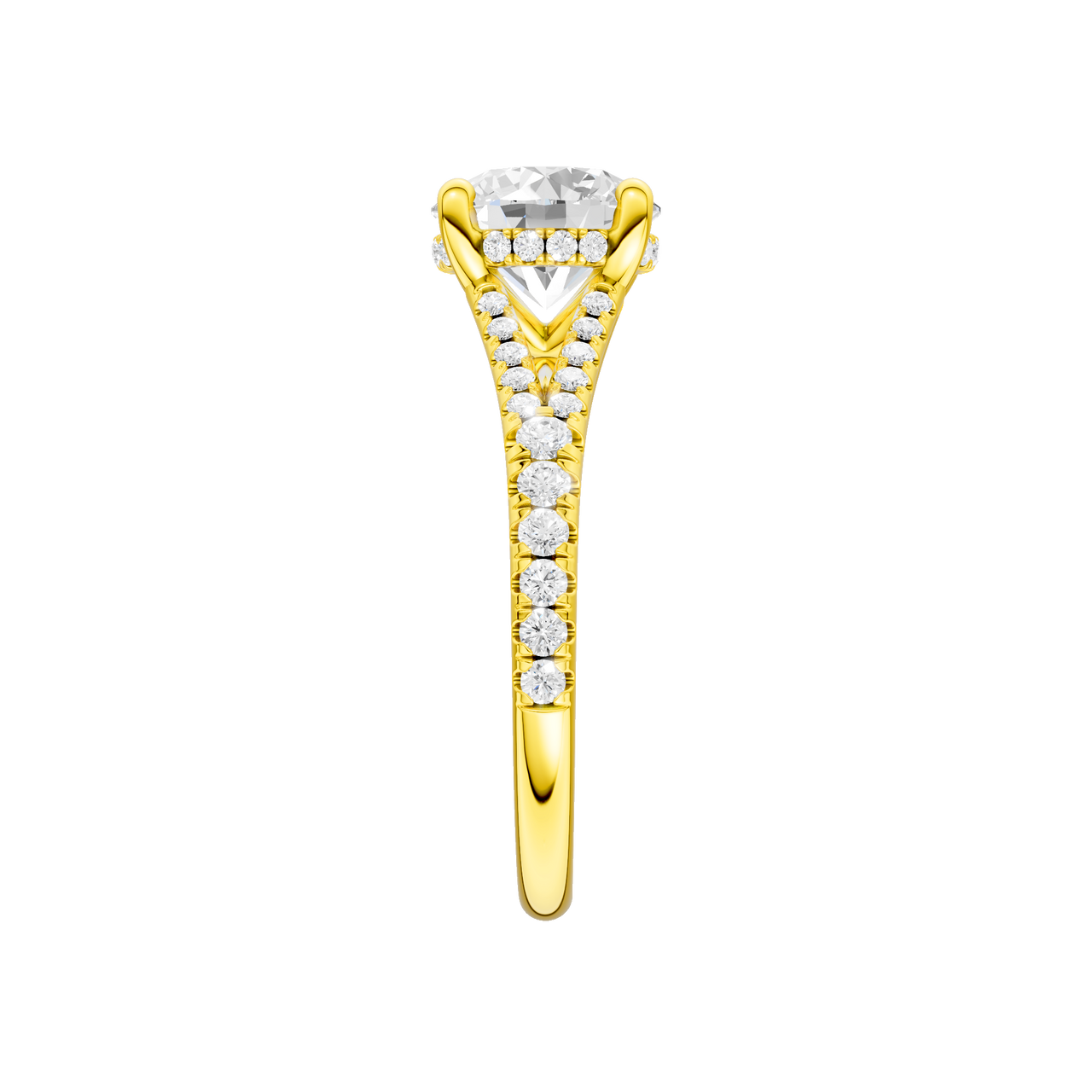 A side view of the Round cut diamond engagement ring in 14k yellow gold with a prong band and hidden halo setting