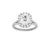 A front view of the Elongated Cushion cut diamond engagement ring in platinum with a prong band and halo setting