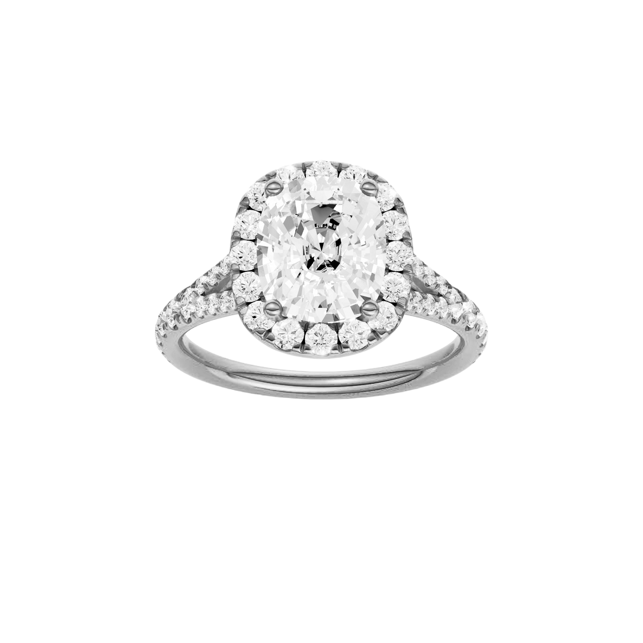 A front view of the Elongated Cushion cut diamond engagement ring in 14k white gold with a prong band and halo setting
