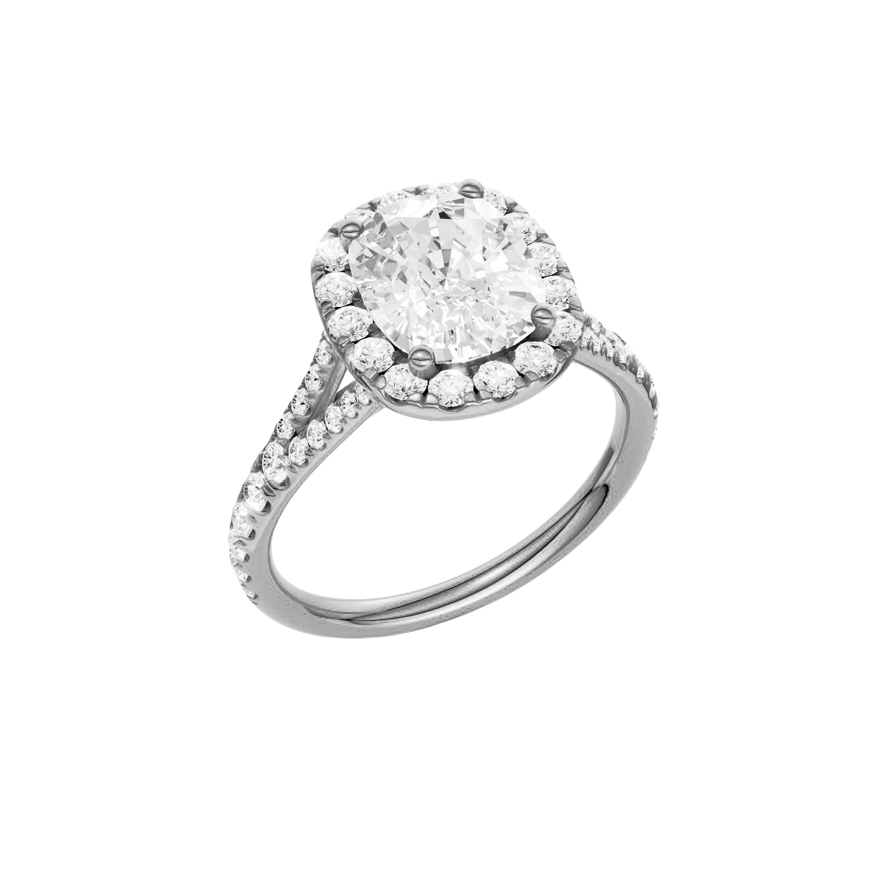 A three-quarter view of the Elongated Cushion cut diamond engagement ring in 14k white gold with a prong band and halo setting