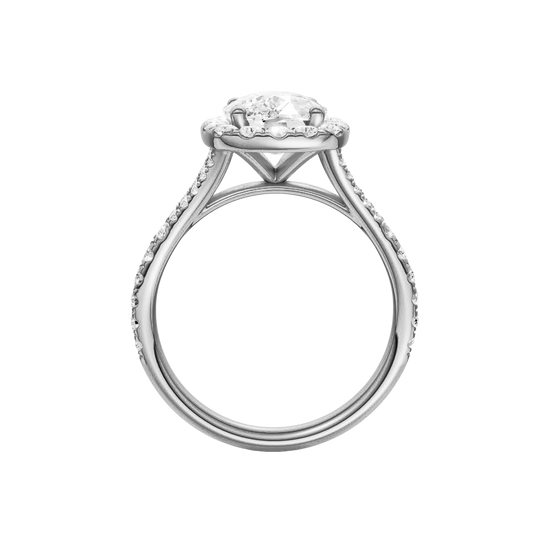 A profile view of the Elongated Cushion cut diamond engagement ring in 14k white gold with a prong band and halo setting