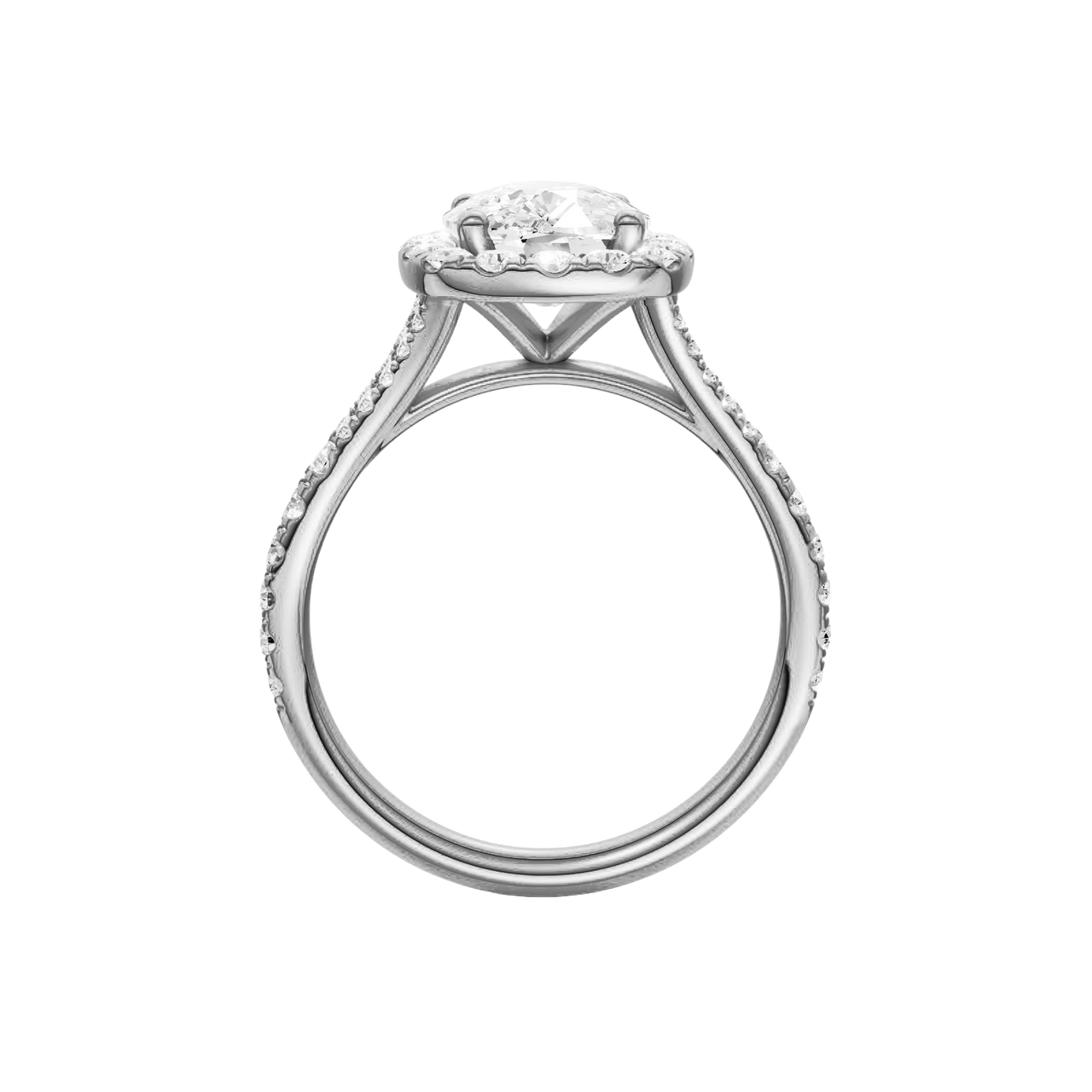 A profile view of the Elongated Cushion cut diamond engagement ring in 14k white gold with a prong band and halo setting