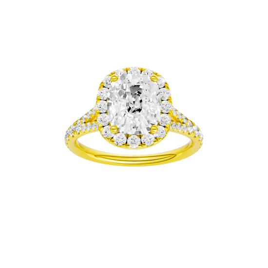 A front view of the Elongated Cushion cut diamond engagement ring in 14k yellow gold with a prong band and halo setting