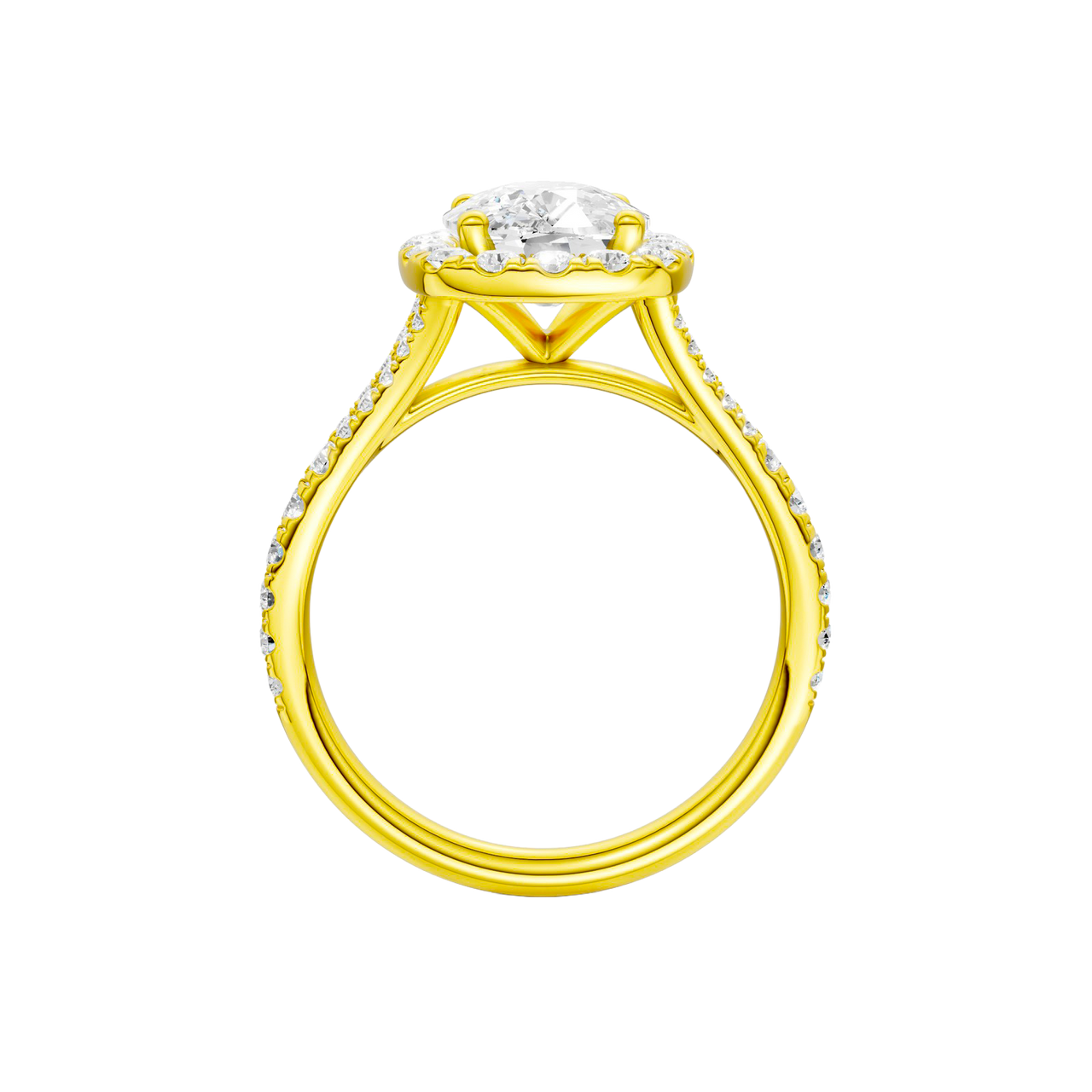 A profile view of the Elongated Cushion cut diamond engagement ring in 14k yellow gold with a prong band and halo setting