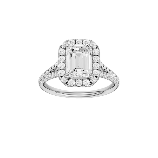 A front view of the Emerald cut diamond engagement ring in platinum with a prong band and solitaire setting
